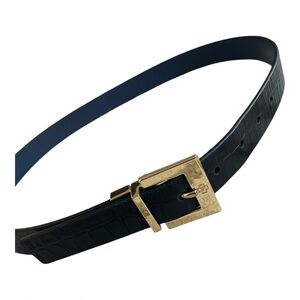 Black Croc Embossed Genuine Leather Belt Gold Square Buckle Designer Style 38”